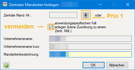 Fenster Zentralen Mandanten festlegen. Vermeiden Sie anwendungsspezifische Fälle, da viele Funktionen in den DATEV-Programmen nur mit einem zentralen Mandanten genutzt werden können.